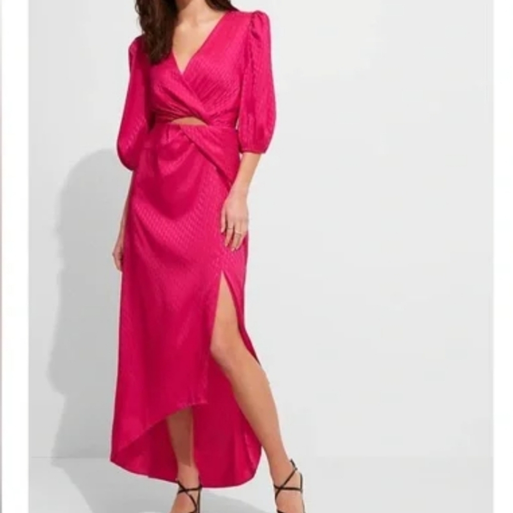 NWT Express Faux Wrap Knotted Waist Satin Fuchsia Hi-Lo Maxi Dress Sz S